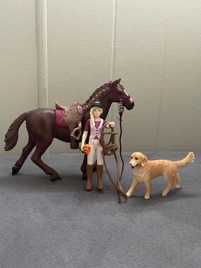 Schleich Toy Equestrian Set with Brown Horse, Rider & Golden Dog.